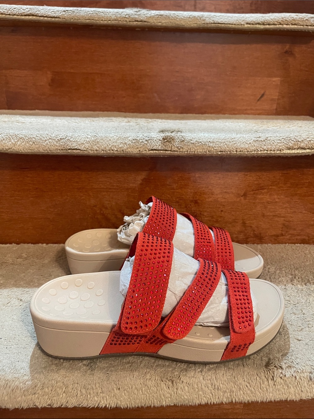 Vionic Red Rhinestone Triple-Strap Slide Sandals SZ 8, Like New Condition